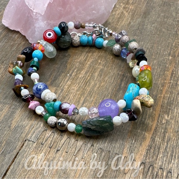 Rainbow multicolored multi stone chips beaded bracelet layered - Picture 1 of 1